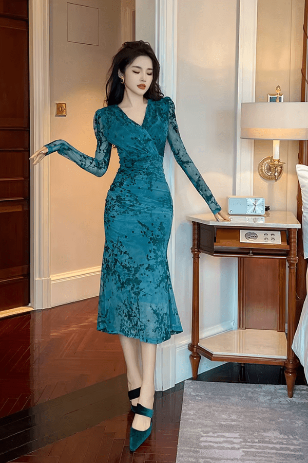 Robe Bleu Canard Dentelle