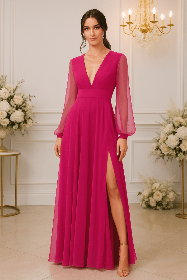 Robe Demoiselle D'Honneur Rose Manche Longue