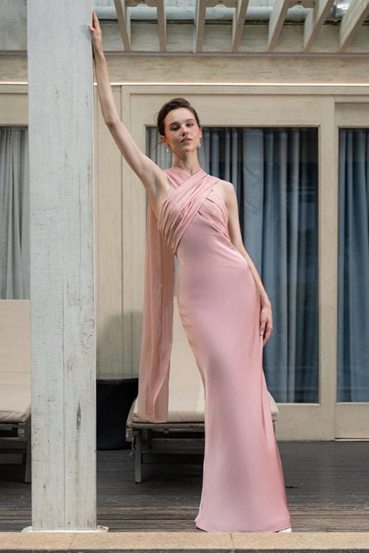 Robe Longue Satin Rose Poudré