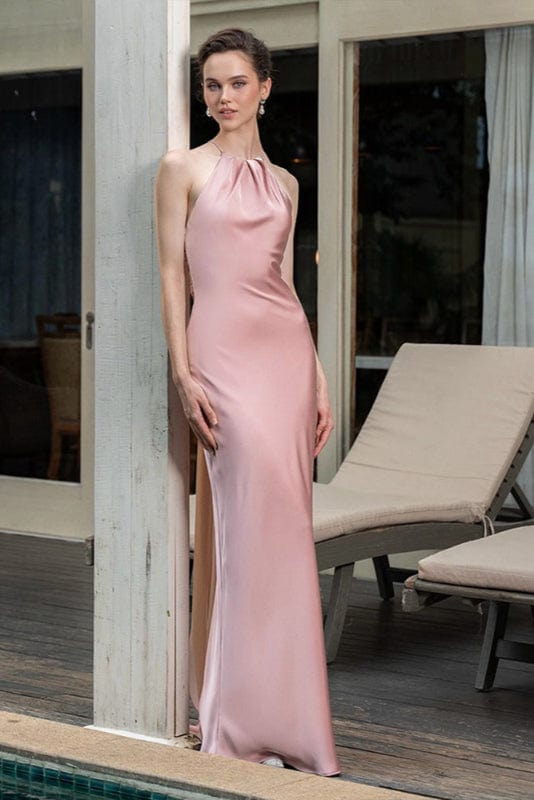 Robe Longue Satin Rose Poudré